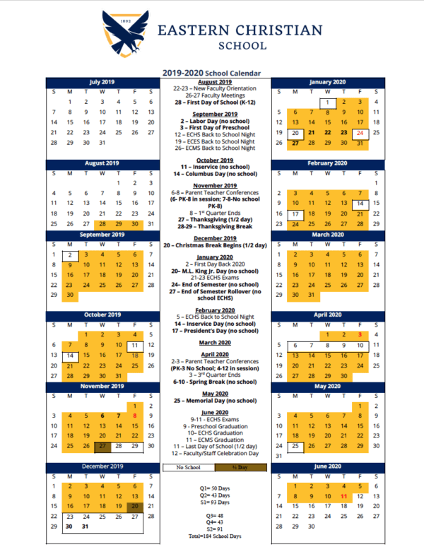 20192020 School Year Calendar is Here! Eastern Christian School